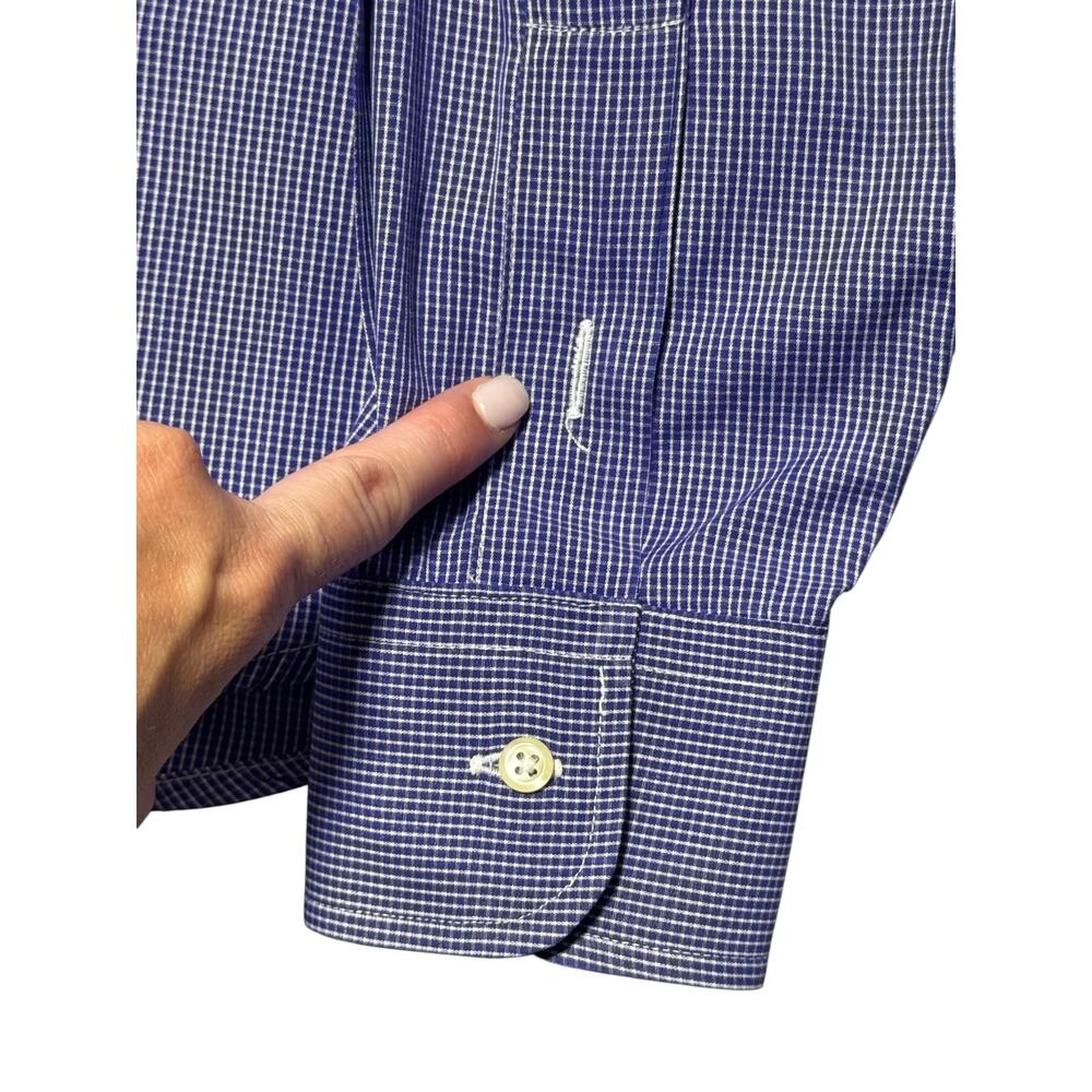 Burberry London Button-Up Dress Shirt Men's 15 Blue White Micro-Check Curved Hem - Picture 11 of 14